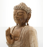 Buddha Statue Whitewash - 30cm Teaching Transmission showing a serene hand-carved wooden figure with whitewashed detailing, capturing peaceful Buddha decor for meditation spaces.