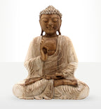 Buddha Statue Whitewash - 30cm Teaching Transmission showing a serene seated Buddha in a meditative pose with hand carved details and a whitewashed finish, perfect for tranquil Buddha decor.