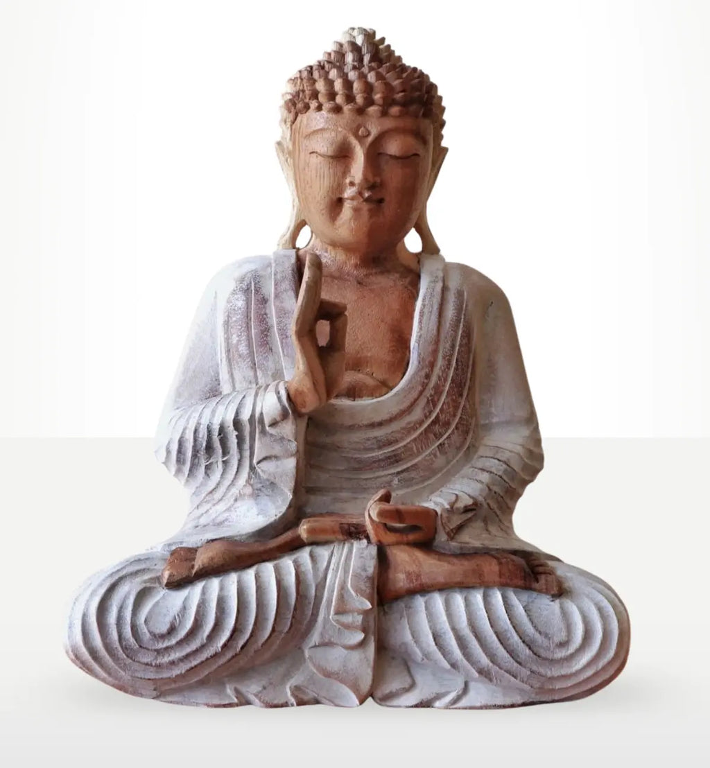 Buddha Statue Whitewash - 30cm Teaching Transmission showing a serene hand carved resin Buddha statue in meditative pose with detailed robes and a whitewashed finish.