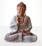 Buddha Statue Whitewash - 30cm Teaching Transmission showing a hand-carved seated Buddha with a calm expression, detailed robe textures, and a whitewashed finish for serene Buddha decor.