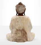 Buddha Statue Whitewash - 30cm Teaching Transmission showing the back view of a hand-carved resin Buddha statue with a distressed whitewashed finish and detailed textured hair.