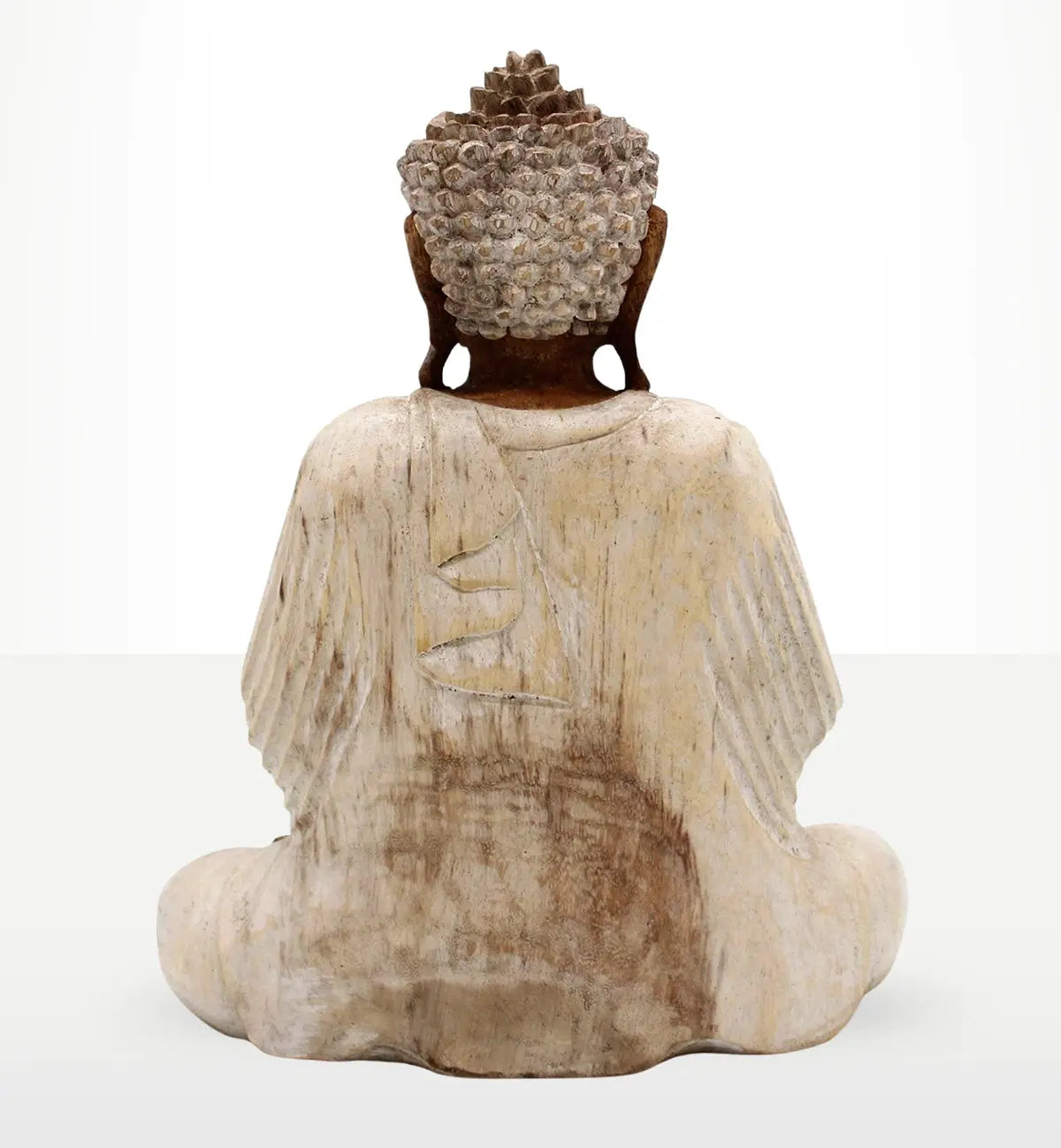 Back view of a Buddha Statue Whitewash - 30cm Teaching Transmission depicting the figure seated with detailed textured hair and a weathered whitewashed finish.
