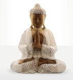 Hand carved Buddha Statue Whitewash - 30cm Welcome in a serene meditative pose with hands in prayer, featuring a rustic whitewashed finish and natural wood accents.