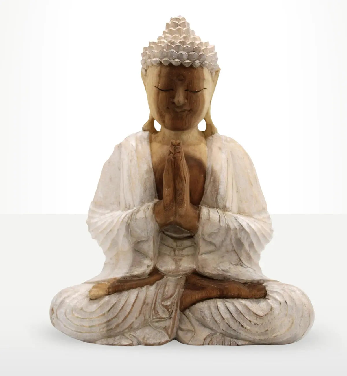 Buddha Statue Whitewash - 30cm Welcome showing a serene seated Buddha figure with hands in prayer, crafted in a whitewashed finish highlighting natural wood texture.