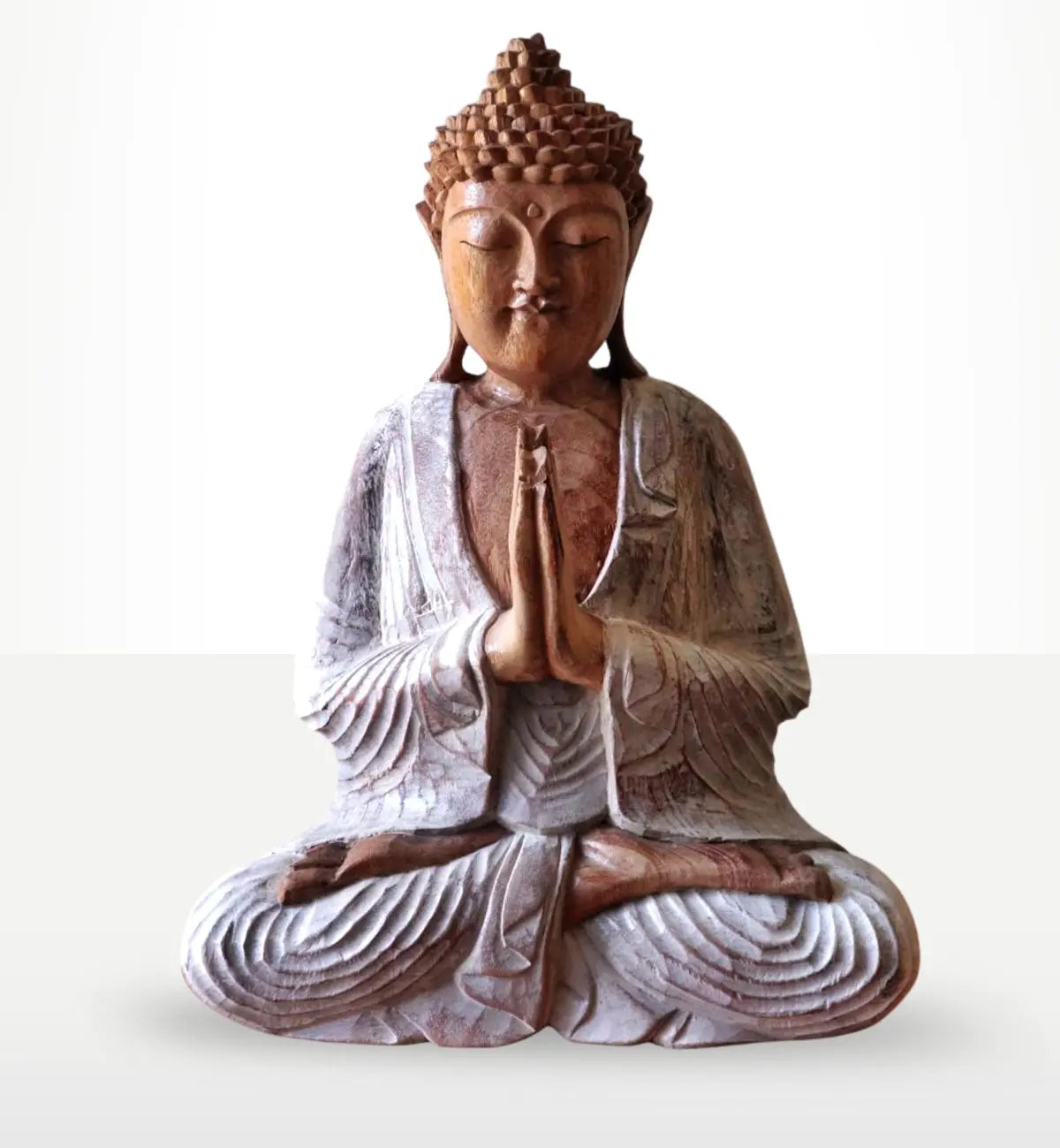 Buddha Statue Whitewash - 30cm Welcome featuring a serene hand-carved resin Buddha seated in meditation with detailed robes and a peaceful expression, ideal for Buddha decor.