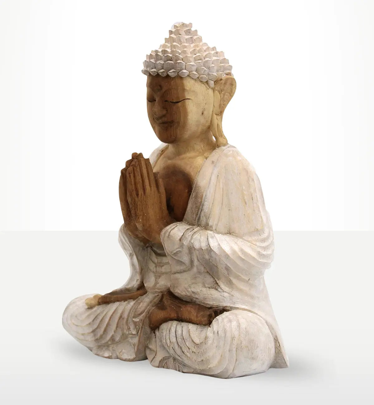 Buddha Statue Whitewash - 30cm Welcome featuring a hand-carved resin Buddha figure in a seated meditation pose with whitewashed robes and detailed textured hair.