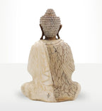 Back view of a Buddha Statue Whitewash - 40cm Welcome featuring a rustic textured finish with intricate details on the hair and robe, ideal for serene Buddha decor.