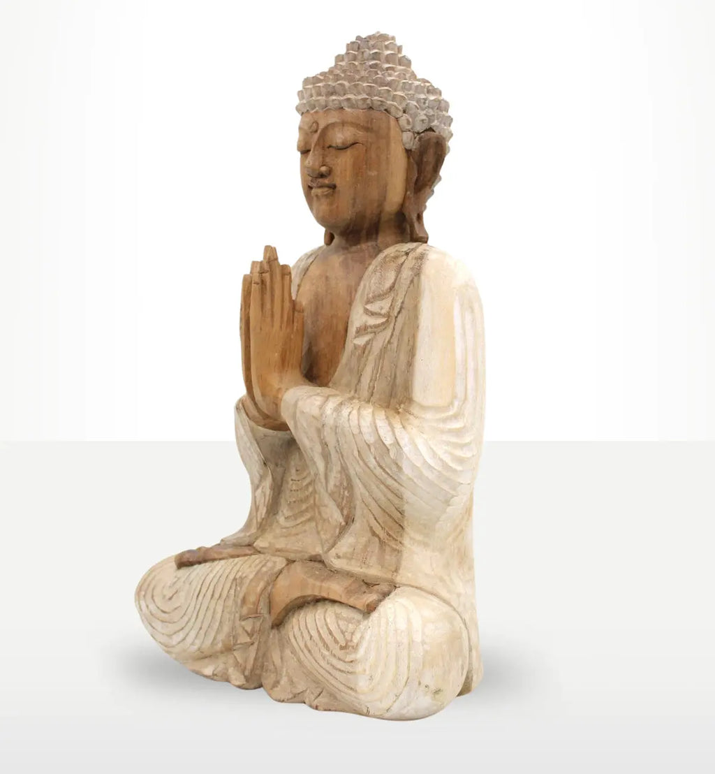 Buddha Statue Whitewash - 40cm Welcome featuring a hand-carved resin Buddha statue with detailed whitewashed finish in a meditative pose with hands clasped in prayer.