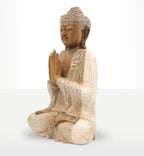 Buddha Statue Whitewash - 40cm Welcome showing a hand-carved resin Buddha in a seated meditation pose with natural wood and whitewashed finish, ideal for serene Buddha decor.