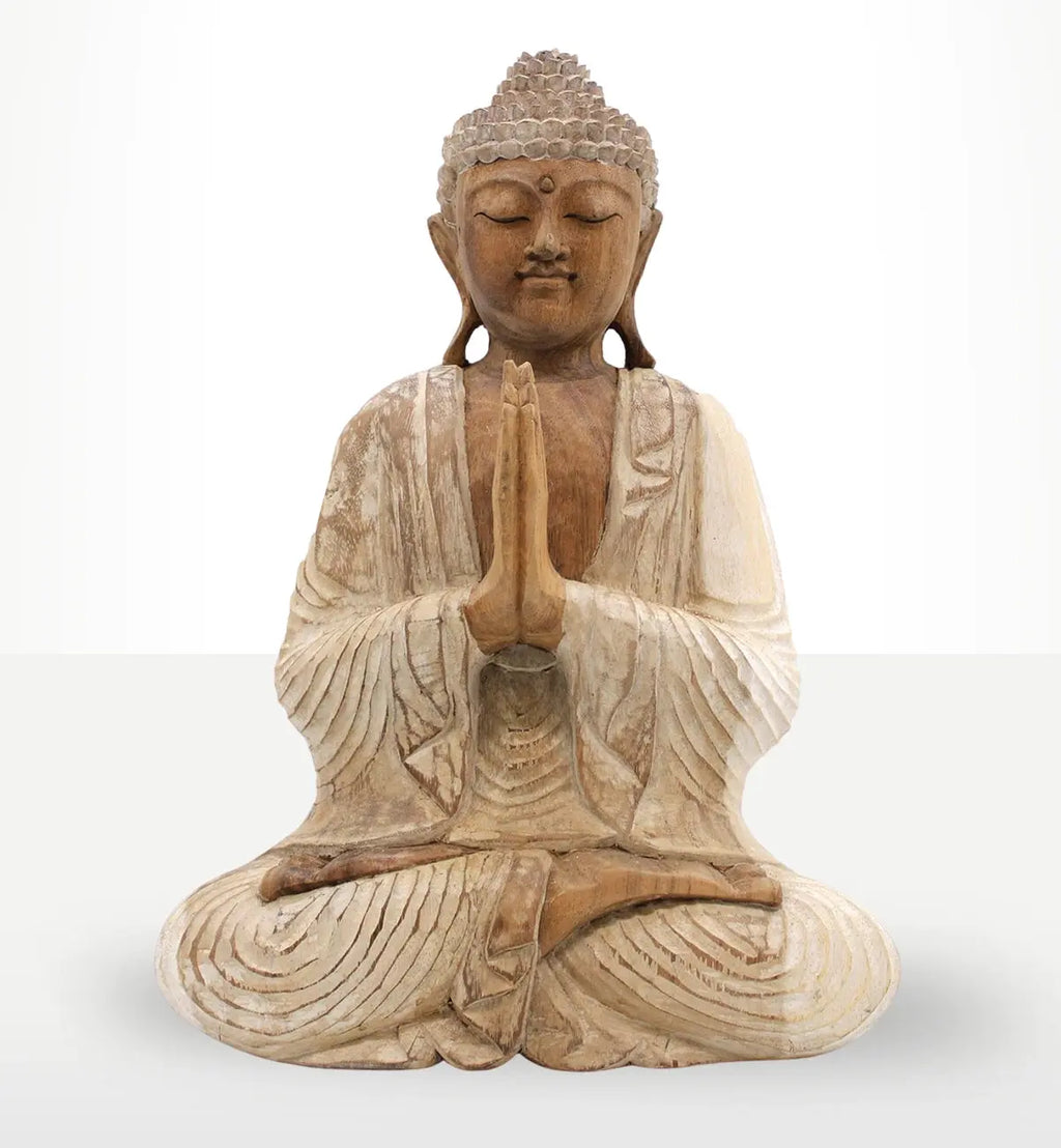 Buddha Statue Whitewash - 40cm Welcome showing a serene meditating Buddha figure with hands in prayer pose, crafted with a whitewashed hand-carved finish, perfect for Buddha decor.