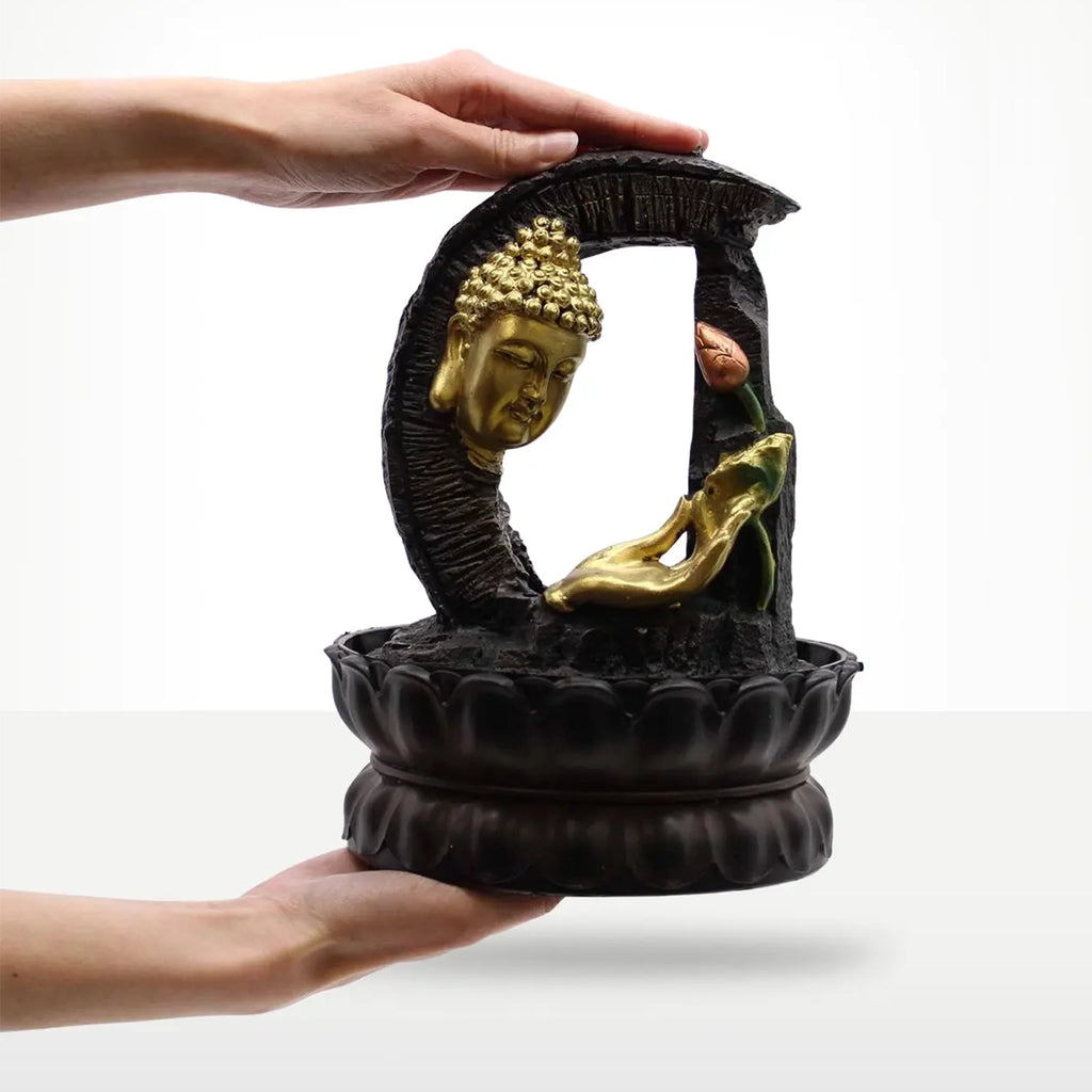 Buddha Tabletop Indoor Water Fountain Feature - 30cm - Golden Buddha & Lotus