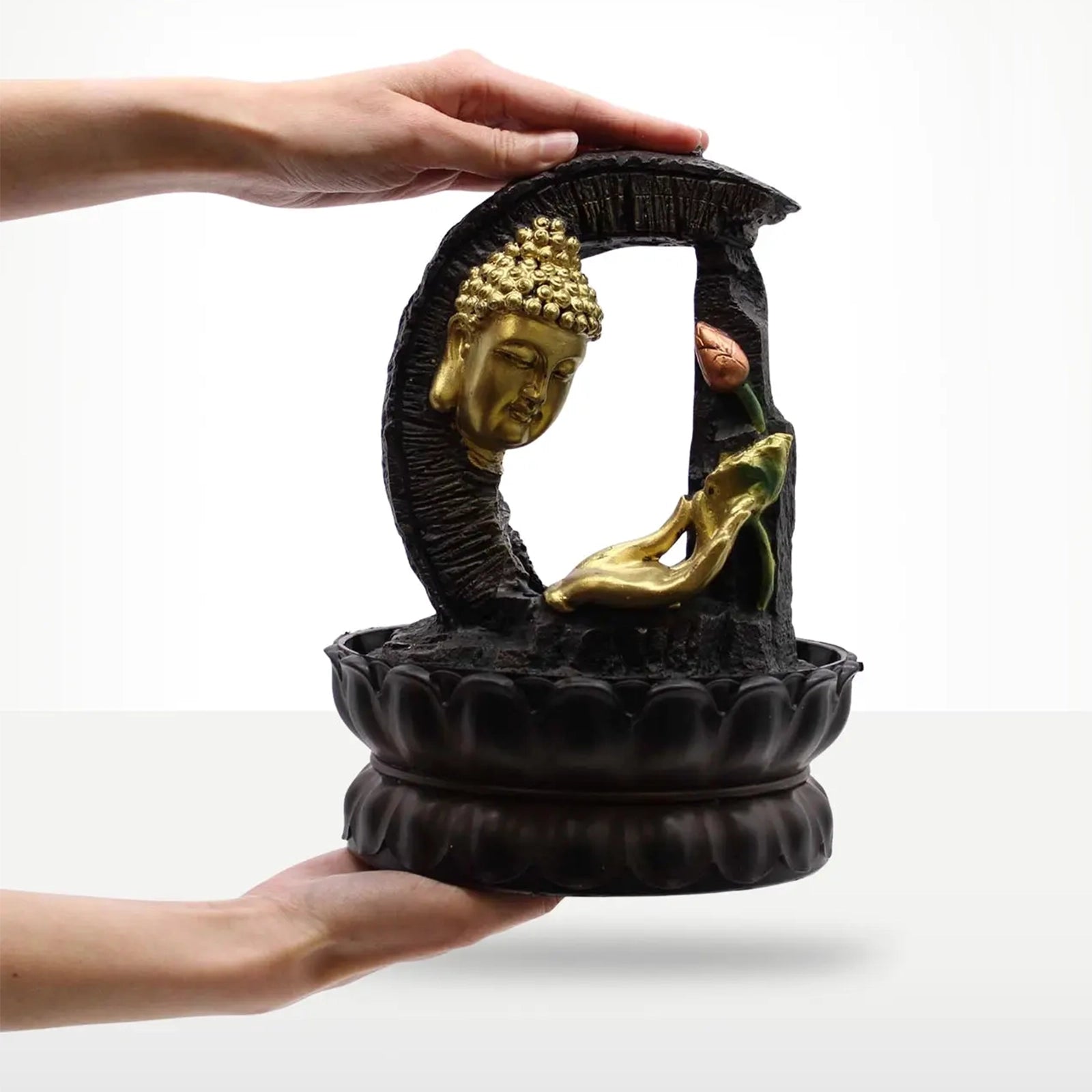 Buddha Tabletop Indoor Water Fountain Feature - 30cm - Golden Buddha & Lotus