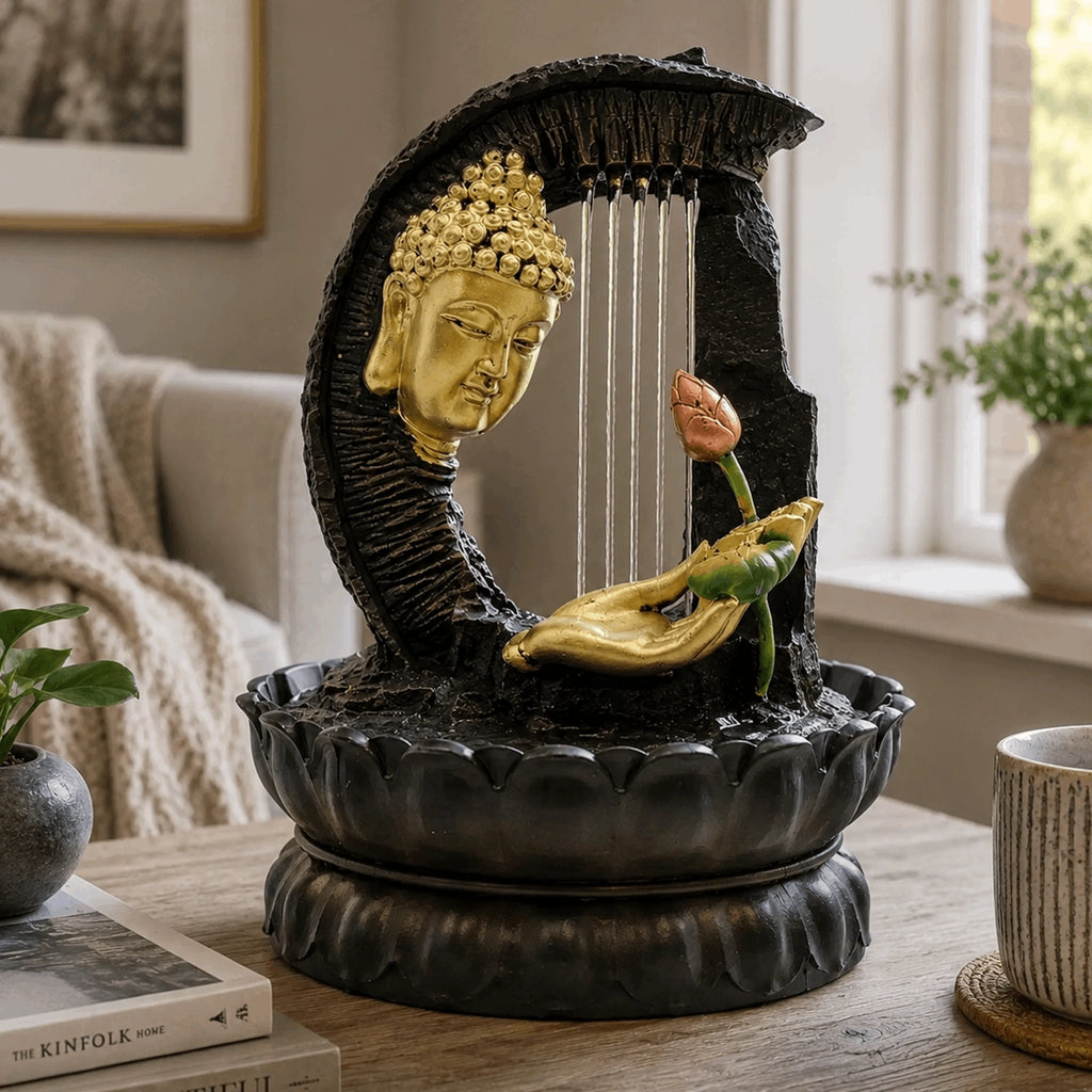 Buddha Tabletop Indoor Water Fountain Feature - 30cm - Golden Buddha & Lotus