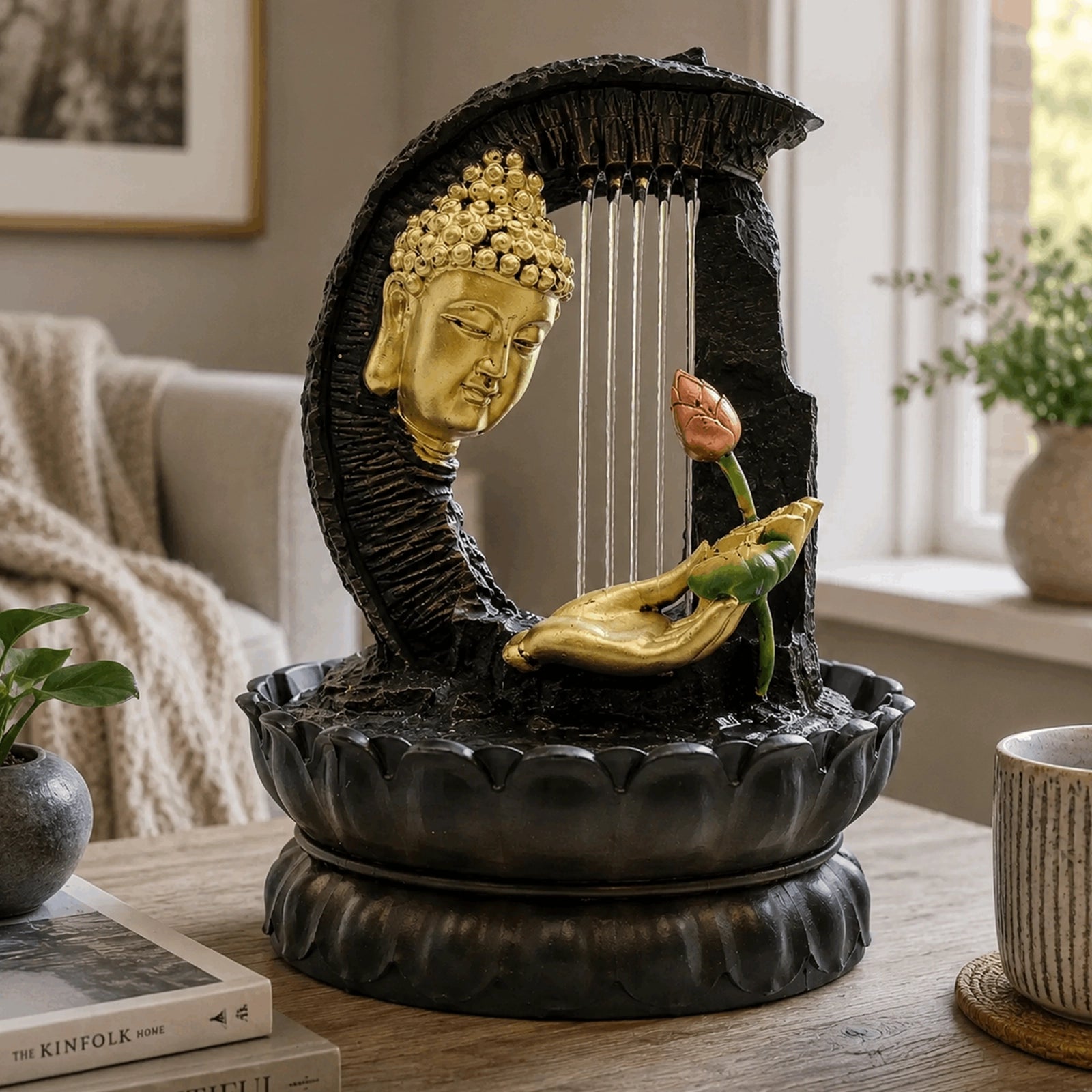 Buddha Tabletop Indoor Water Fountain Feature - 30cm - Golden Buddha & Lotus