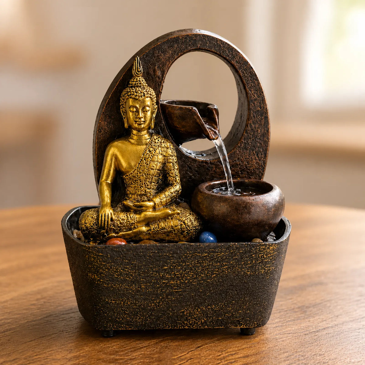 Buddha Tabletop Indoor Water Fountain Feature - 21.5cm - Golden Buddha & Pots