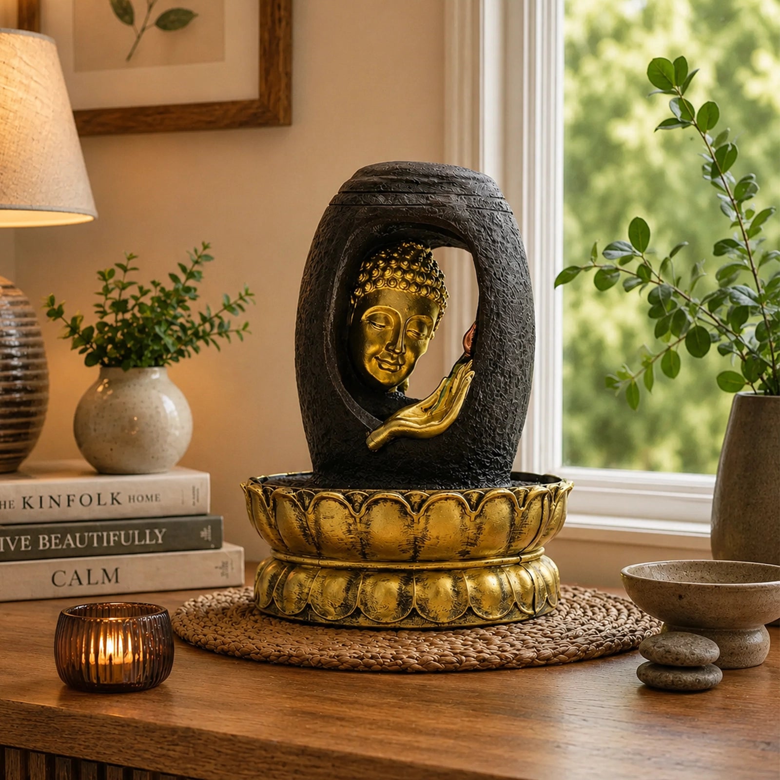 Buddha Tabletop Indoor Water Fountain Feature - 30cm - Golden Buddha & Vitarka Mudra