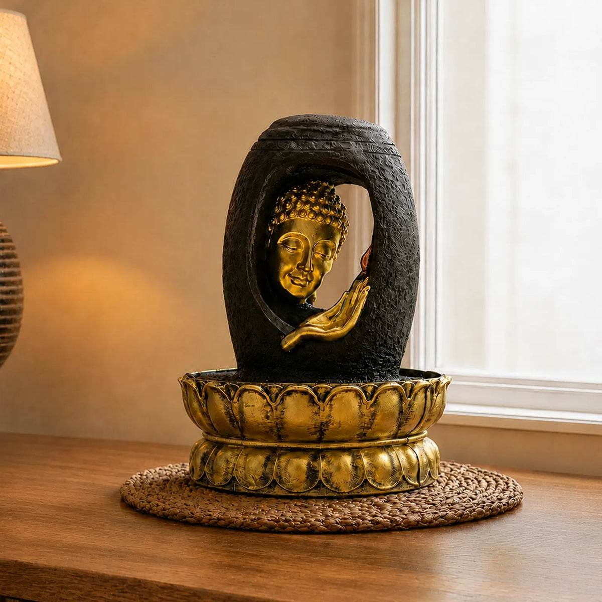 Buddha Tabletop Indoor Water Fountain Feature - 30cm - Golden Buddha & Vitarka Mudra