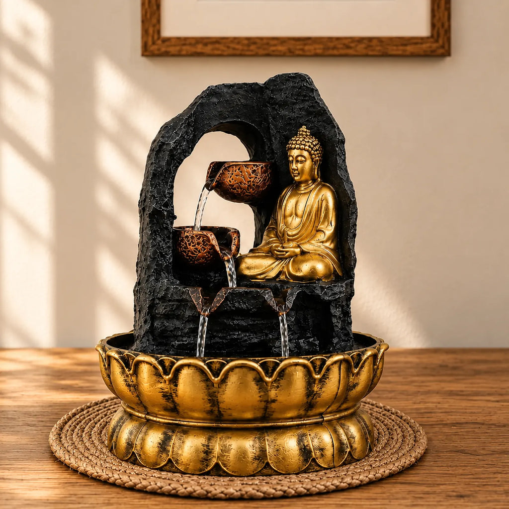 Buddha Tabletop Indoor Water Fountain Feature - 30cm - Golden Meditating Buddha