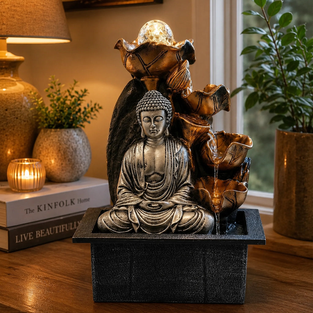 Buddha Tabletop Indoor Water Fountain Feature - 35cm - Silver Buddha Cascade & Crystal Ball