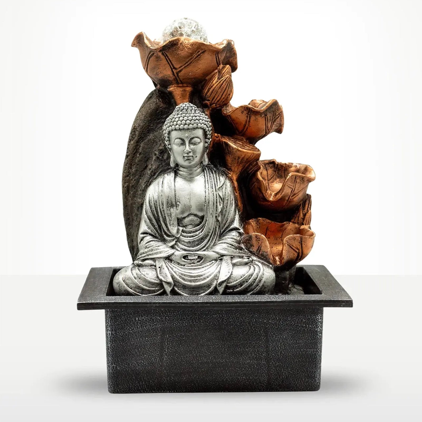 Buddha Tabletop Indoor Water Fountain Feature - 35cm - Silver Buddha Cascade & Crystal Ball