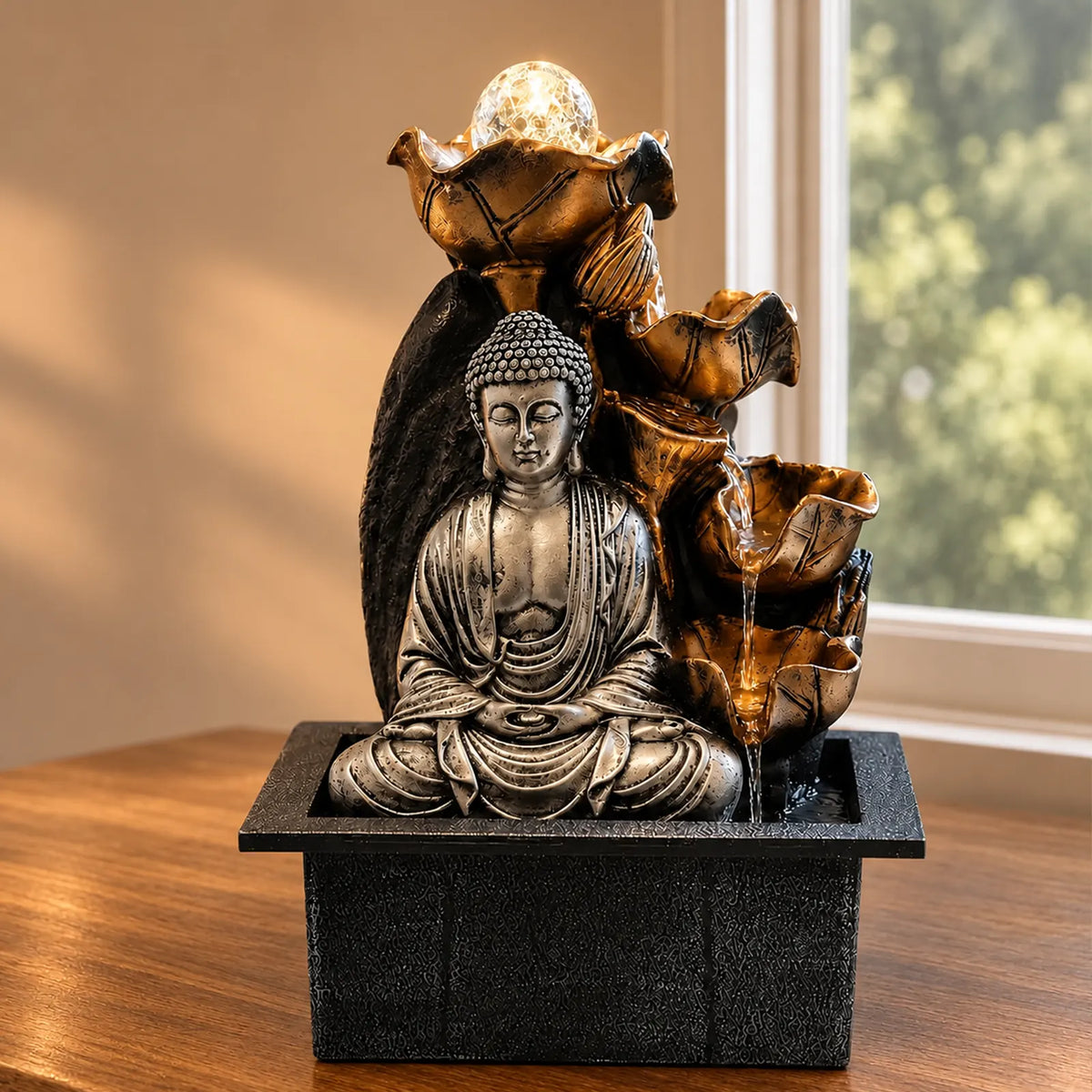 Buddha Tabletop Indoor Water Fountain Feature - 35cm - Silver Buddha Cascade & Crystal Ball