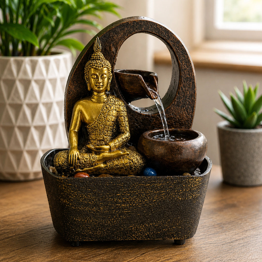 Buddha Tabletop Indoor Water Fountain Feature - 21.5cm - Golden Buddha & Pots