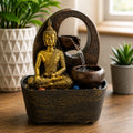 Buddha Tabletop Indoor Water Fountain Feature - 21.5cm - Golden Buddha & Pots