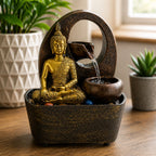 Buddha Tabletop Indoor Water Fountain Feature - 21.5cm - Golden Buddha & Pots
