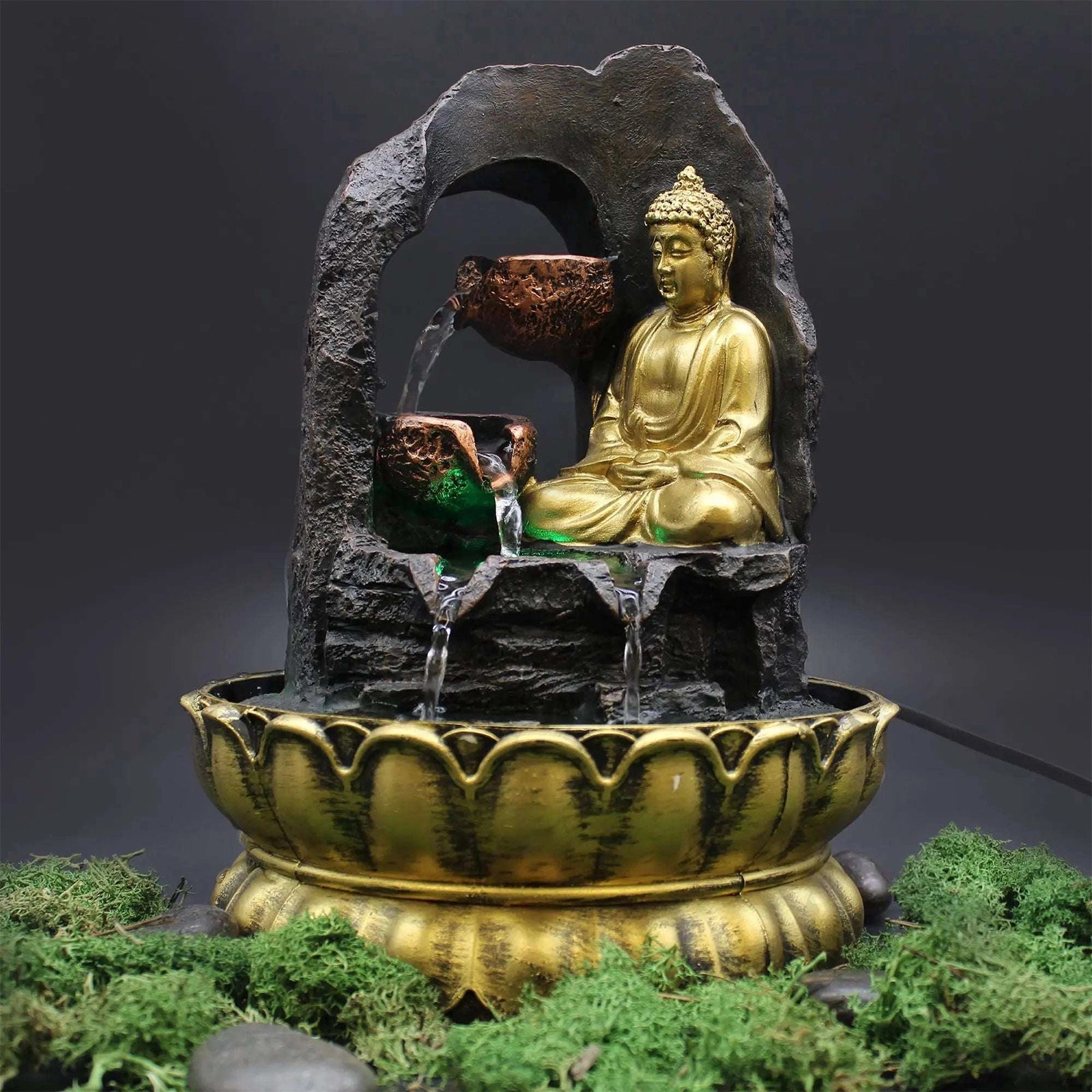 Buddha Tabletop Indoor Water Fountain Feature - 30cm - Golden Meditating Buddha