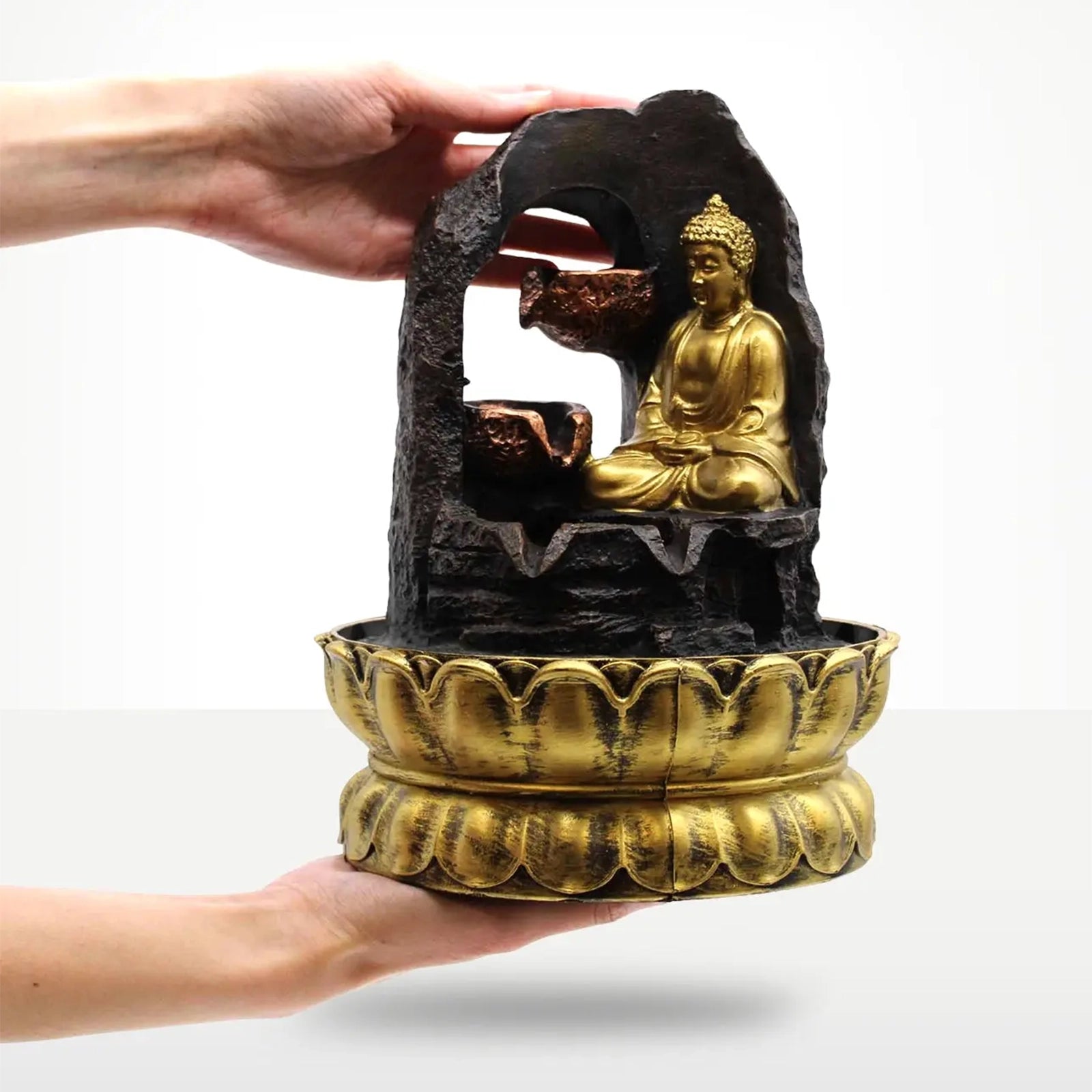 Buddha Tabletop Indoor Water Fountain Feature - 30cm - Golden Meditating Buddha