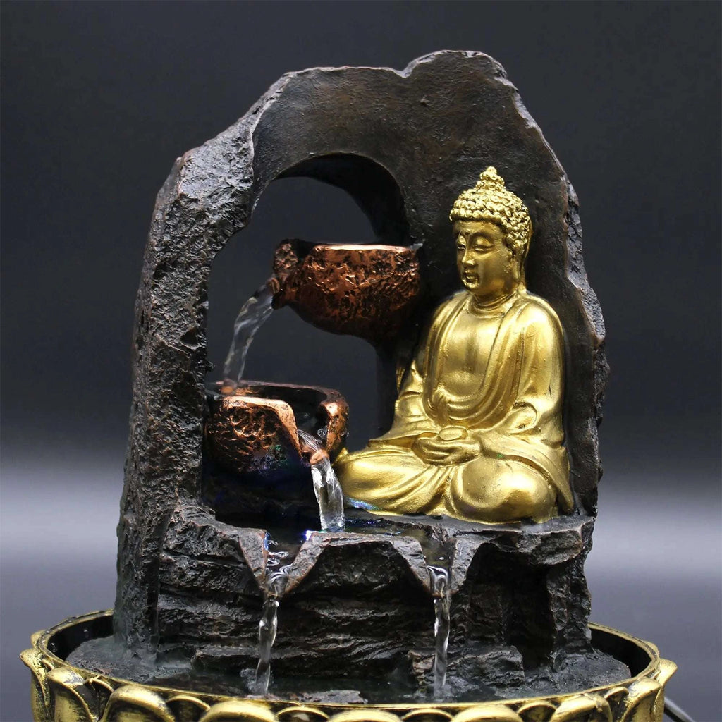 Buddha Tabletop Indoor Water Fountain Feature - 30cm - Golden Meditating Buddha
