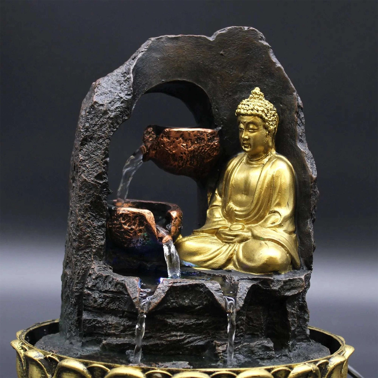 Buddha Tabletop Indoor Water Fountain Feature - 30cm - Golden Meditating Buddha