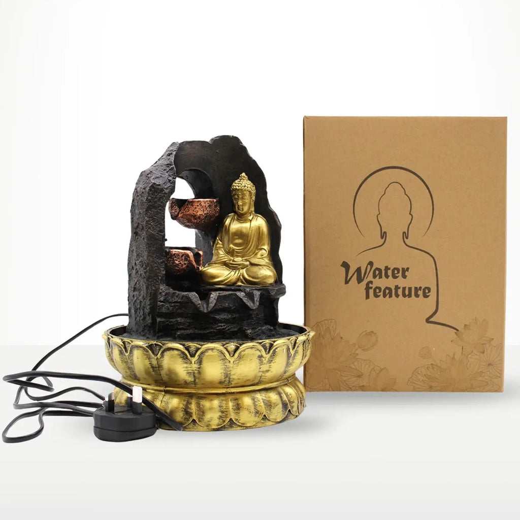 Buddha Tabletop Indoor Water Fountain Feature - 30cm - Golden Meditating Buddha