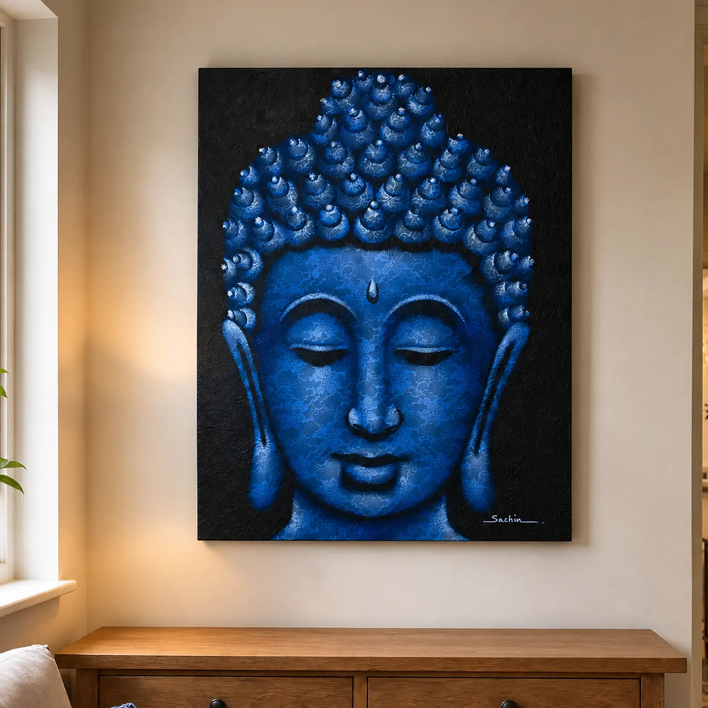 Buddha Wall Art Painting - Blue Brocade Detail