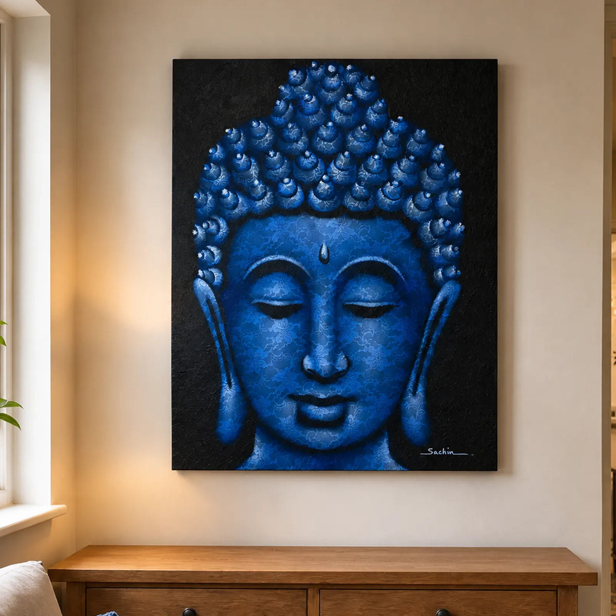 Buddha Wall Art Painting - Blue Brocade Detail