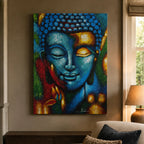Buddha Wall Art Painting - Blue & Gold Flower 75x55cm