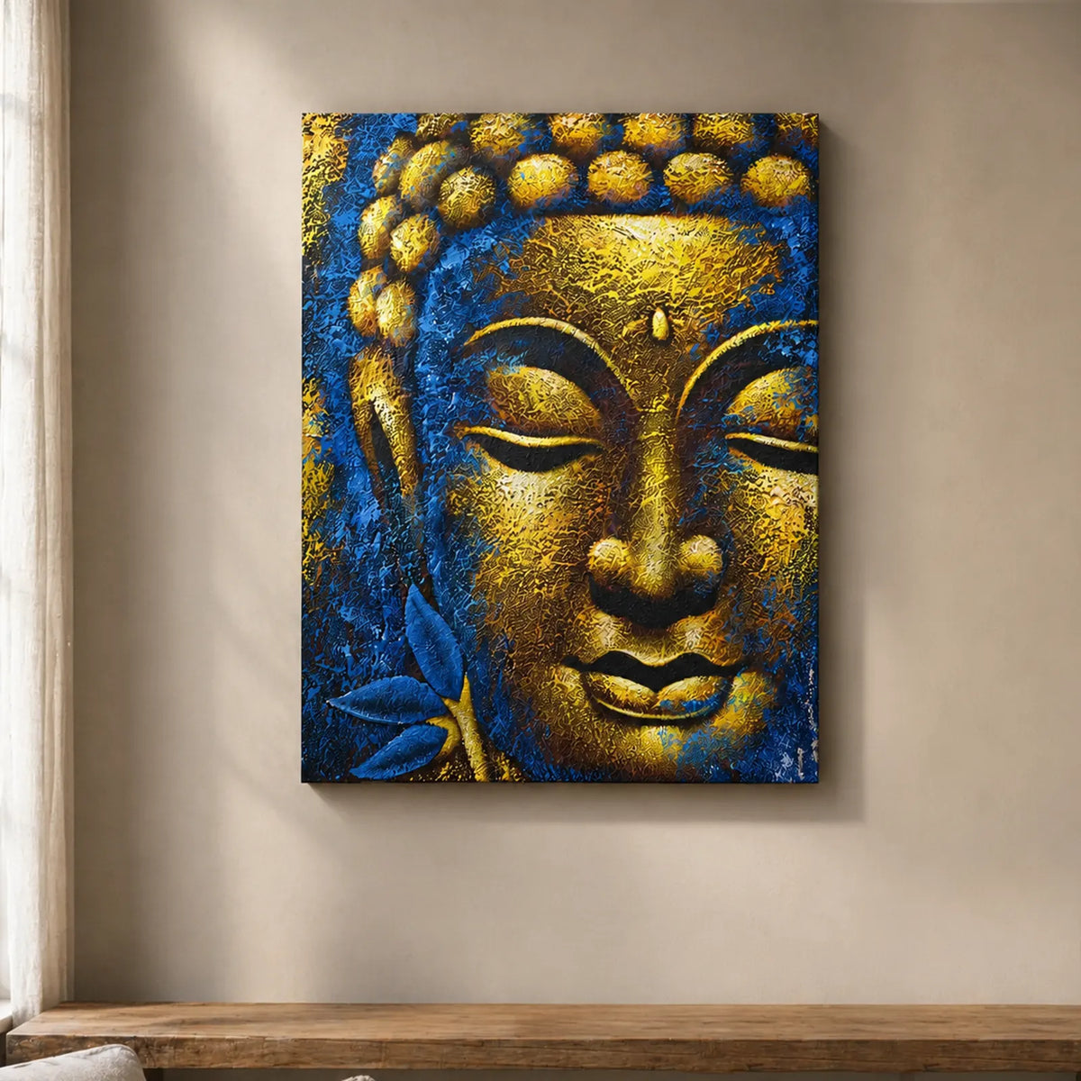Buddha Wall Art Painting - Gold Face & Lotus Flower