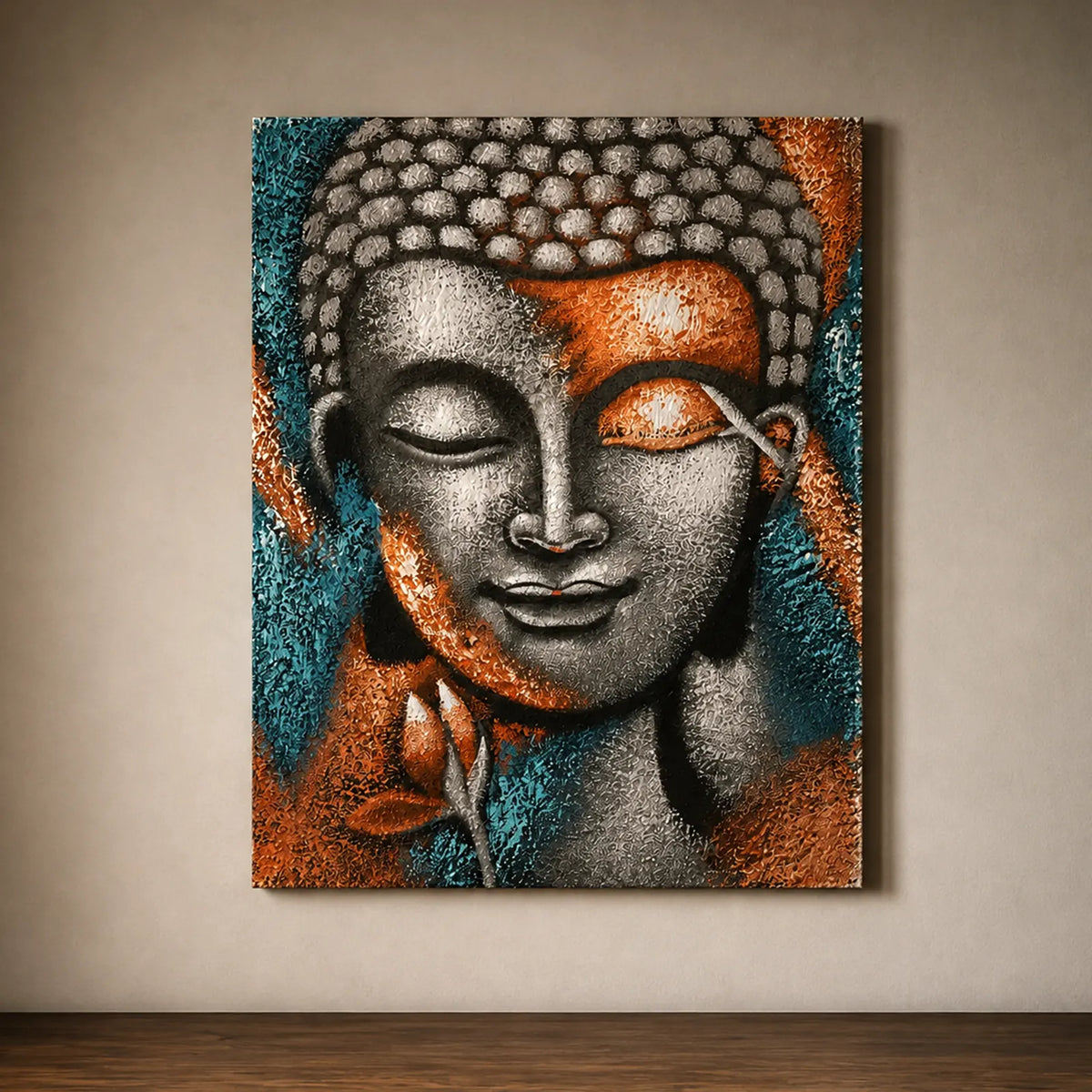 Buddha Wall Art Painting - Silver & Rose Gold Flower 75x55cm