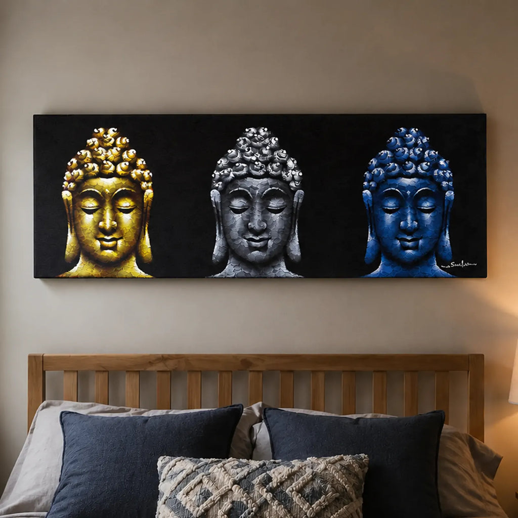 Buddha Wall Art Painting - Three Heads Black