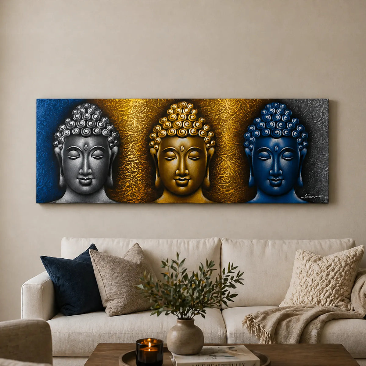 Buddha Wall Art Painting - Three Heads Gold Detail