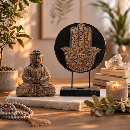 Buddhist Feng Shui Set - Hamsa - Grey featuring a serene Buddha statue and a decorative Hamsa hand on a wooden table with candles, beads, and crystals in warm ambient light.