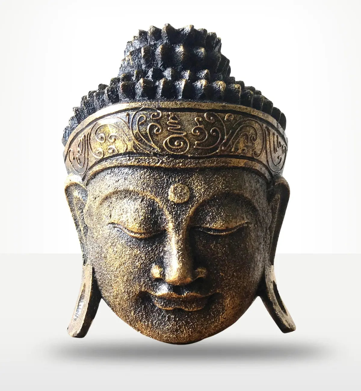 Home Decoration Buddha Head - 25cm - Gold Shine Finish featuring a serene face with detailed textured curls and an ornate gold-accented headband for elegant Buddha decor.