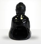 Sitting Buddha Oil Burner - Black with a glossy finish, featuring a serene Buddha figure designed as an elegant and calming decorative resin piece for home aromatherapy.