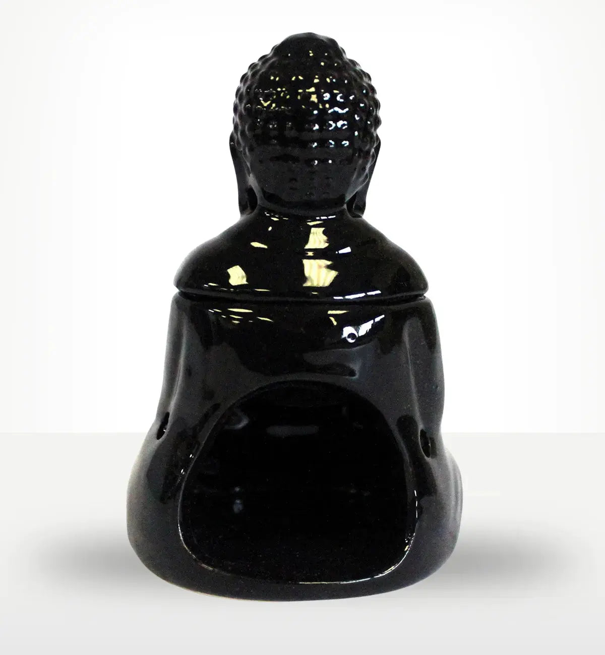 Sitting Buddha Oil Burner - Black made of glossy resin with a smooth finish, featuring a hollow base designed for holding oil or wax melts in a calm, decorative style.