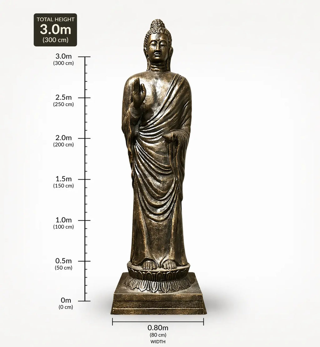 Tall Antique Gold Standing Buddha Statue - 3m Tall with detailed draped robe and serene expression, made as a large hand-carved brass Buddha figure for elegant Buddha decor.