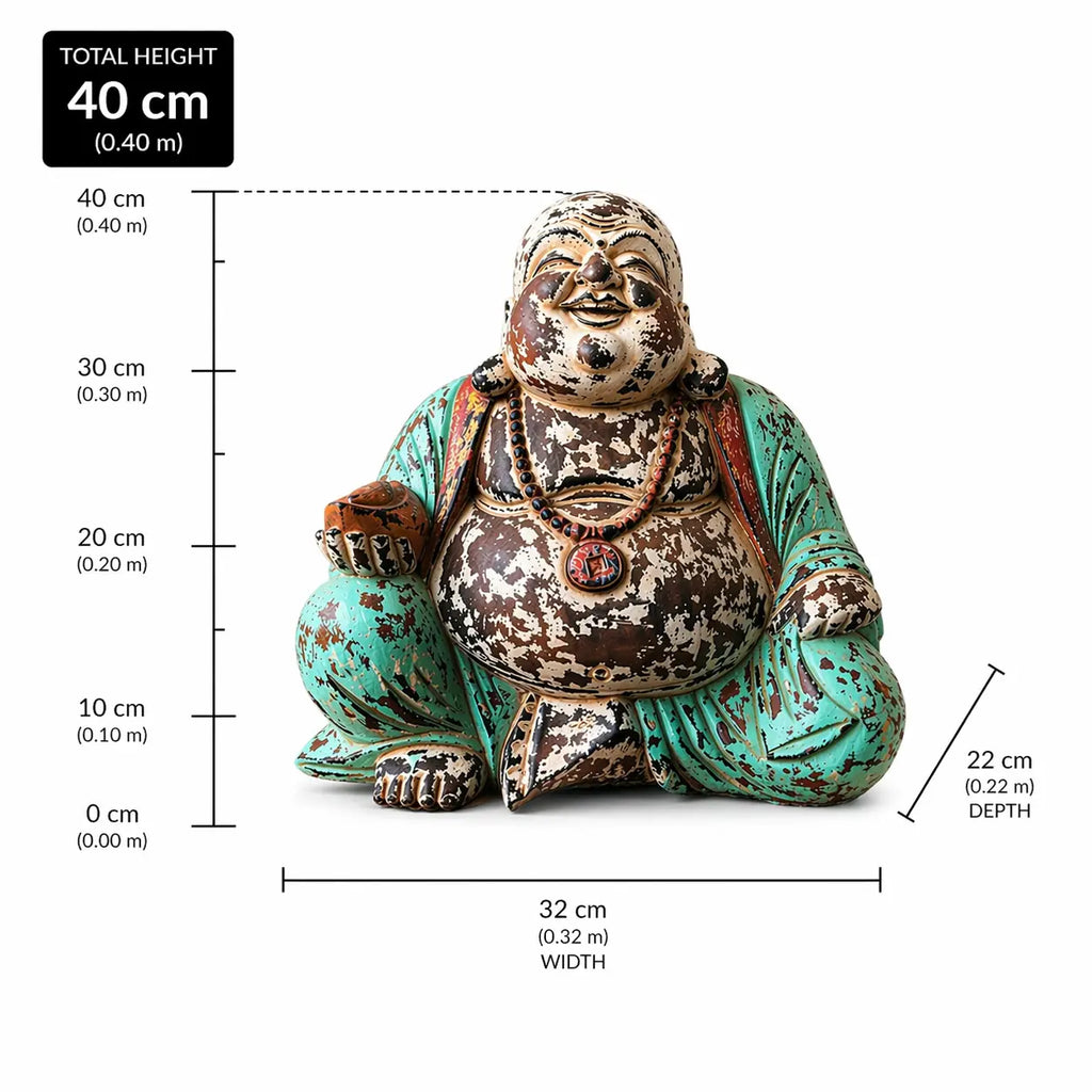 Vintage Mint Hand Carved Buddha Statue - 40cm - Happy Buddha with distressed mint green and brown finish, featuring a joyful pose and intricate detailing for Buddha decor.
