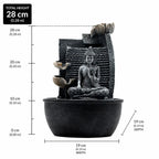 Tabletop Water Feature - 19x19x28cm - Buddha, Lotus Flower Cascading Potsx in dark resin with a seated Buddha and flowing water over lotus-shaped pots, perfect Buddha decor.