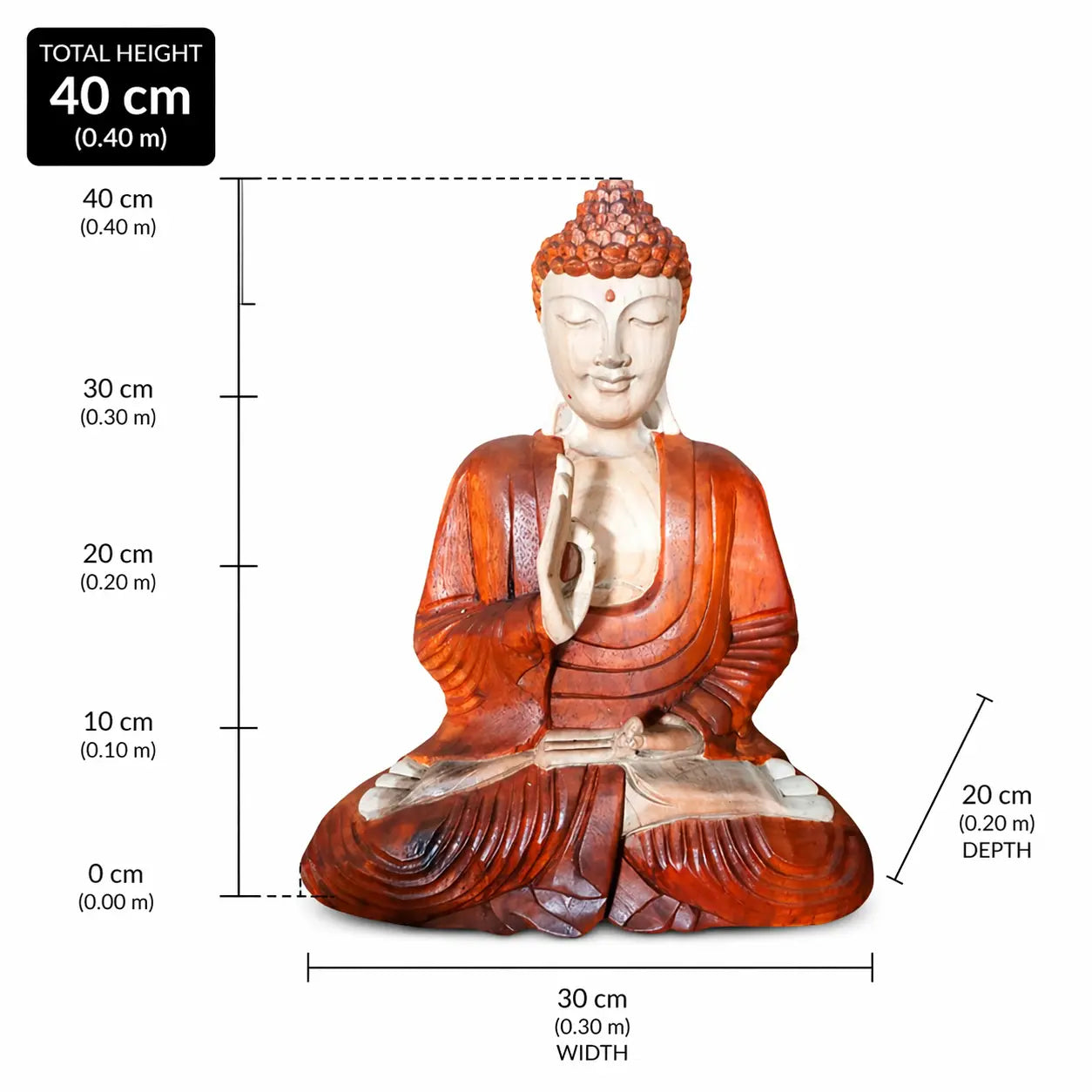Hand Carved Buddha Statue - 40cm Teaching Transmission featuring detailed craftsmanship in warm reddish-brown tones, with Buddha seated in a meditative pose and one hand raised in teaching gesture.