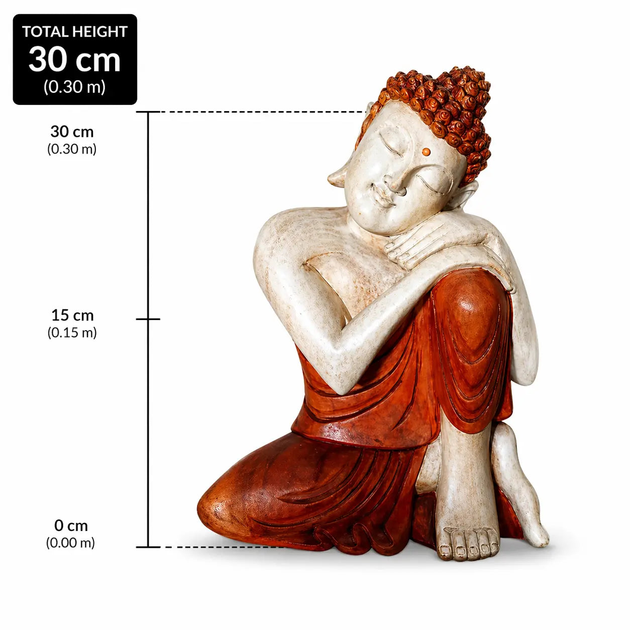 Hand Carved Buddha Statue - 30cm Thinking in a seated pose with closed eyes, featuring a peaceful expression and detailed carving in natural tones of white and reddish-brown wood finish.