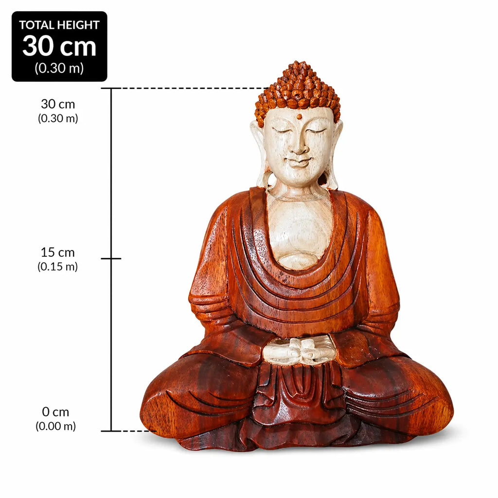 Hand Carved Buddha Statue - 30cm Hand Down depicts a serene seated Buddha in natural wood tones, showcasing detailed craftsmanship ideal for spiritual or decorative display.